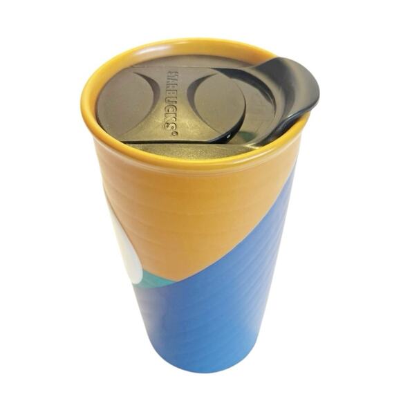 Starbucks Coffee 2016 Colorful Ceramic 10oz Travel Mug Black Push-On Sliding Lid - Picture 1 of 14